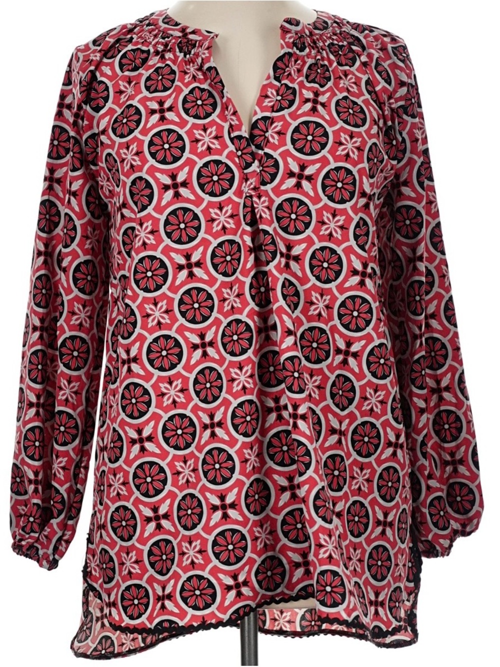 Simply Southern Pink and Black Geo-Print Tunic Blouse Sz M office resort wear
